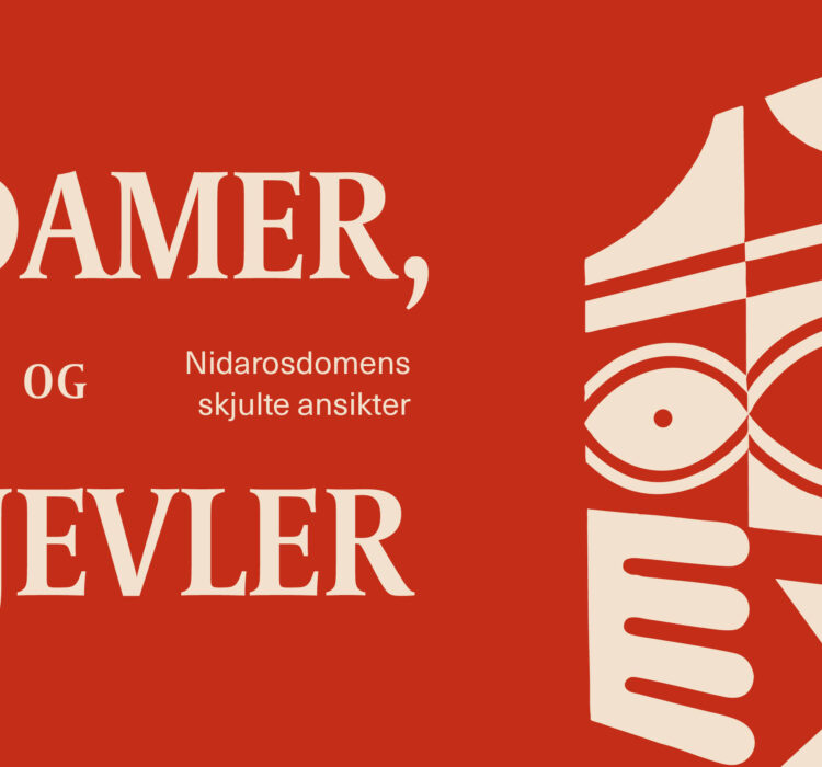 Rød plakat med teksten: Damer dyr og djevler. Med en grafisk illustrasjon av en biskop med bispestav. Rød plakat med teksten: Damer dyr og djevler. Med en grafisk illustrasjon av en biskop med bispestav.