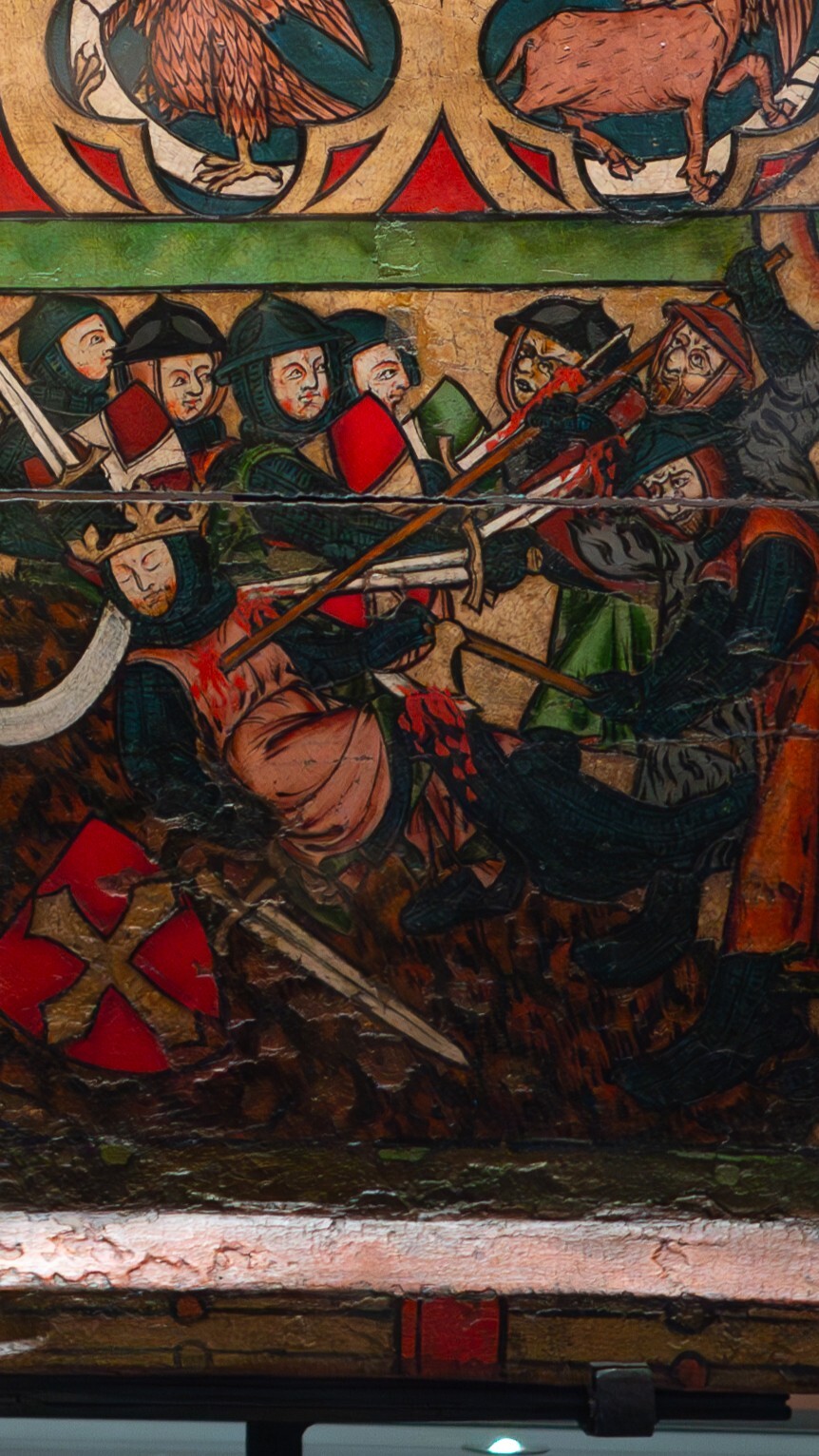 Bilde fra Olavsfrontalet, Olav den hellige blir drept i slaget på Stiklestad.