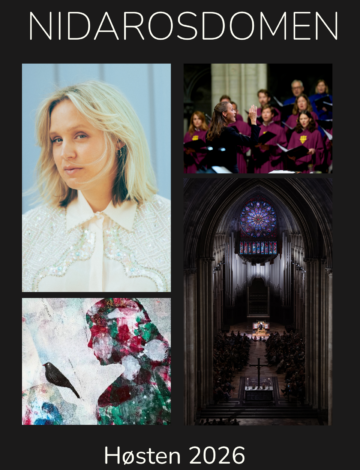 NIDAROSDOMEN collage: fire bilder; venstre stort portrett av en kvinne med lyst hår i lys jakke; topp høyre korpsleder dirigerer mannlige og kvinnelige sangere i fiolette kapper; midtre høyre gotisk katedralinteriør med rosettvindu; nederst venstre abstrakt fargekunst med fugl; bunn tekst: Høsten 2026