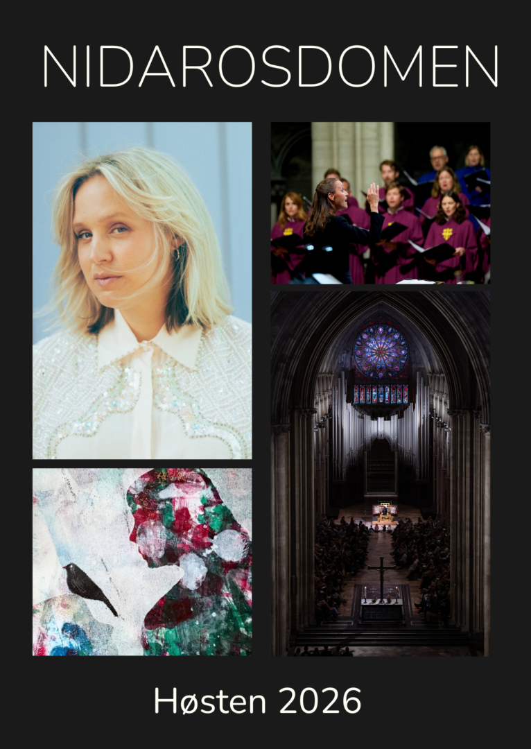NIDAROSDOMEN collage: fire bilder; venstre stort portrett av en kvinne med lyst hår i lys jakke; topp høyre korpsleder dirigerer mannlige og kvinnelige sangere i fiolette kapper; midtre høyre gotisk katedralinteriør med rosettvindu; nederst venstre abstrakt fargekunst med fugl; bunn tekst: Høsten 2026