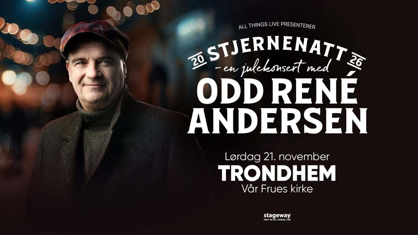 Portrett av en mann i mørk frakk og skjerf på nattelivsgate, med stor hvit tekst som annonserer Odd René Andersen-konsert i Trondheim. Portrett av en mann i mørk frakk og skjerf på nattelivsgate, med stor hvit tekst som annonserer Odd René Andersen-konsert i Trondheim.