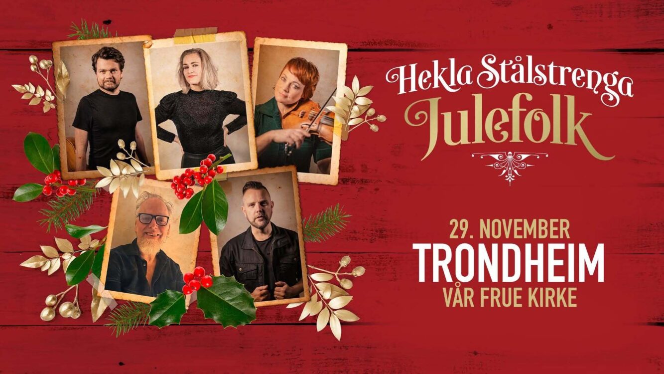 Julearrangement med fem polaroidbilder av personer, bladkvister og røde bær på rød trebakgrunn, med festlig norsk tekst og dato Trondheim. Julearrangement med fem polaroidbilder av personer, bladkvister og røde bær på rød trebakgrunn, med festlig norsk tekst og dato Trondheim.